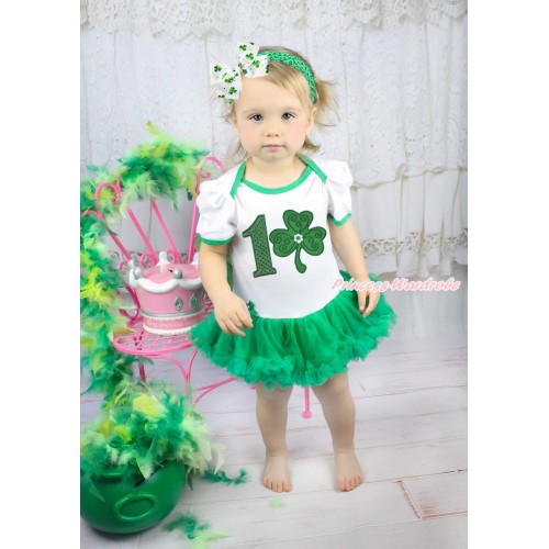 St Patrick's Day White Baby Bodysuit Kelly Green Pettiskirt & 1st Sparkle Kelly Green Birthday Number Clover Print JS4361